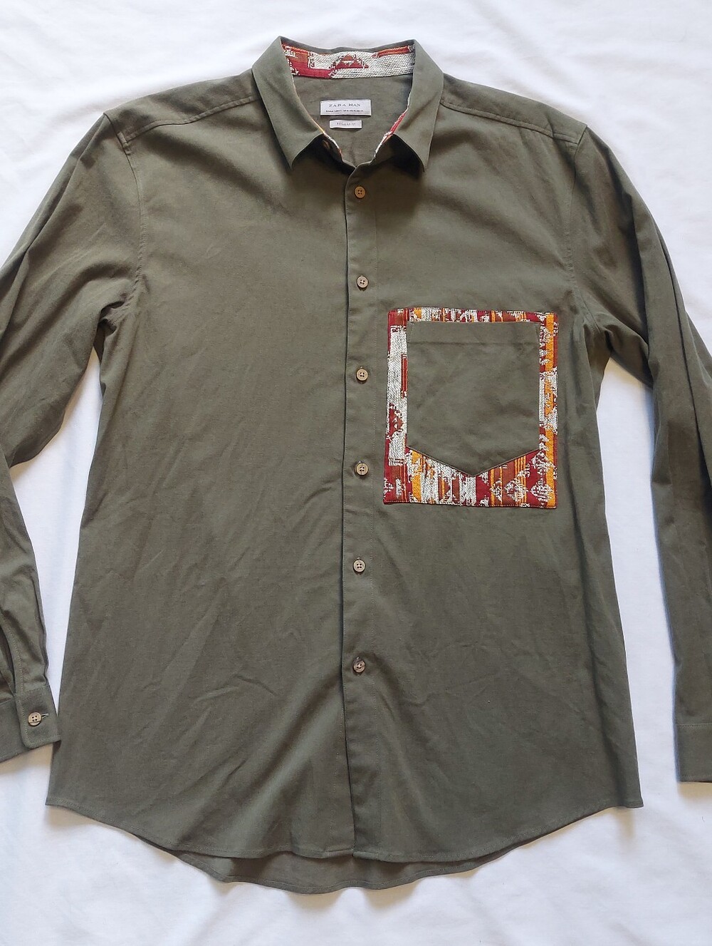 Zara Man Olive Green Button Down Shirt Ethnic Pattern Pocket Long Sleeve Size XL